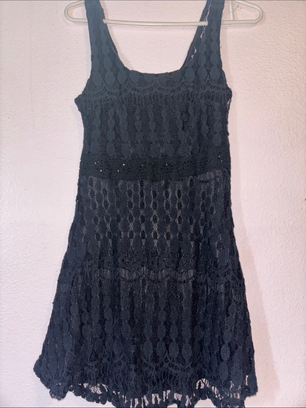 Woman’s Black Lace Knit Mini Dress, Flowy Lace Summer Dress, Size L